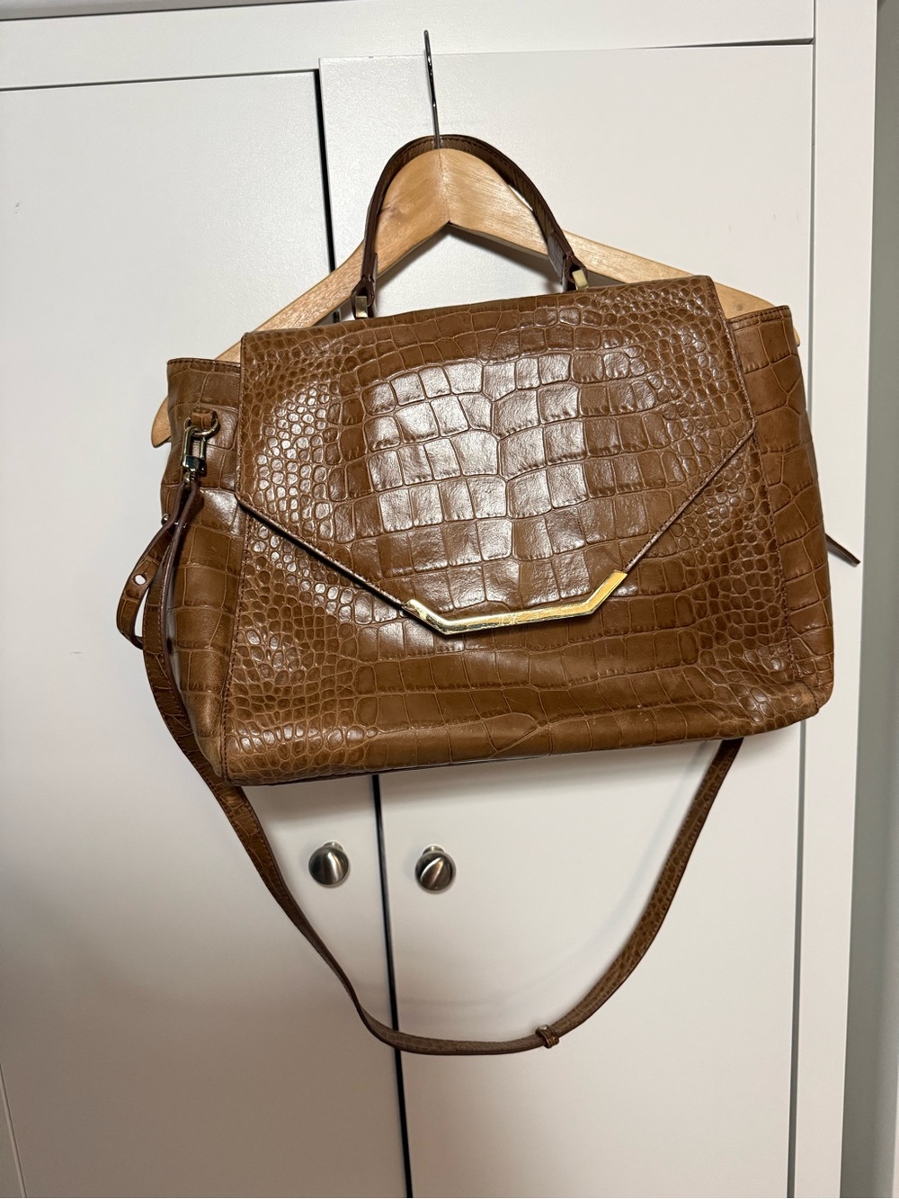 Brooks Brothers Brown Croc-Embossed Top-Handle Satchel with Shoulder Strap